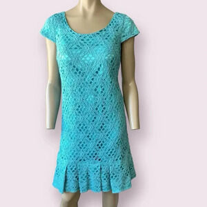 JAX Cap Sleeves Eyelet Crocheted Lace Shift Dress Pleated Hem Size 12 Teal Retro